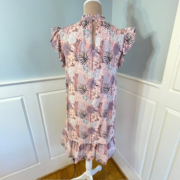 THML Ruffled Flutter Sleeve Tiered Tropical Floral Pink Mini Dress S/M - Picture 6 of 10